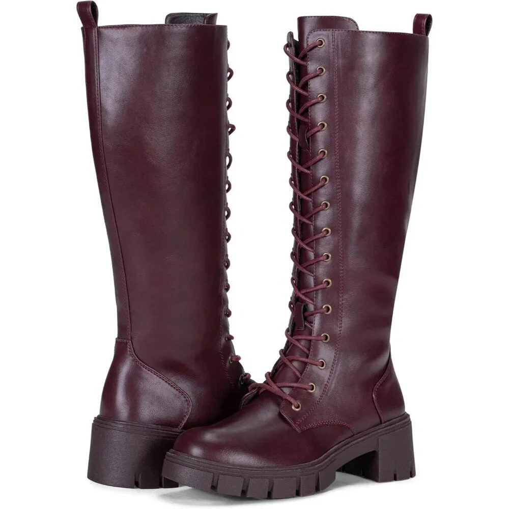 Women's Red Pu 953 Chunky Platform Heel Lace Gothic Knee High Combat Boots